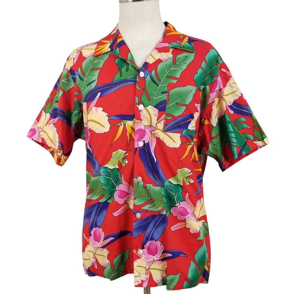 Scorpio Shirt Mens Large Red Hawaiian Floral Aloha Camp Button Front USA‎